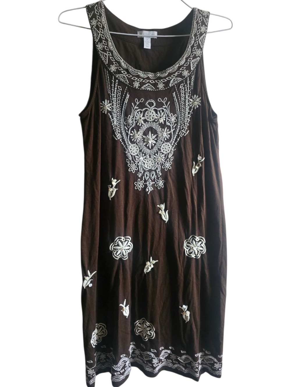 Embroidered Sleeveless Shift Dress - Brown, Size M